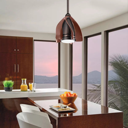 A modern, compact Elstead Terna ceiling fan in a white metal and glass finish, shown installed in a contemporary home office space.