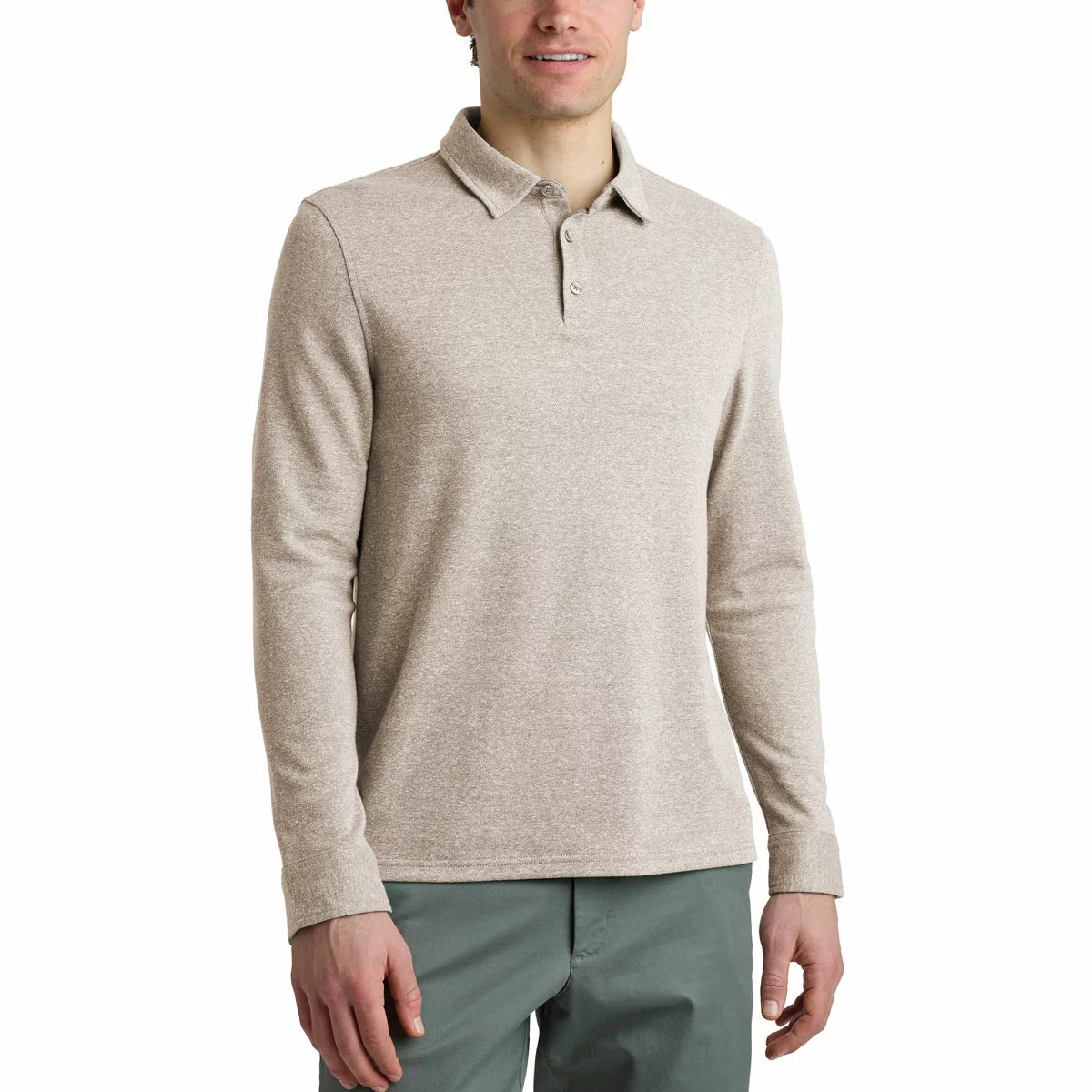 Men's beige English Laundry long sleeve jersey polo shirt with ribbed collar and button placket displayed on a clean studio background.