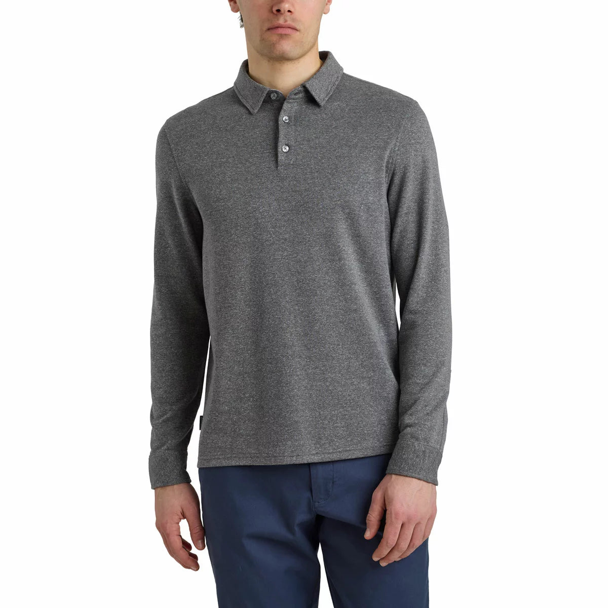 Men's beige English Laundry long sleeve jersey polo shirt with ribbed collar and button placket displayed on a clean studio background.