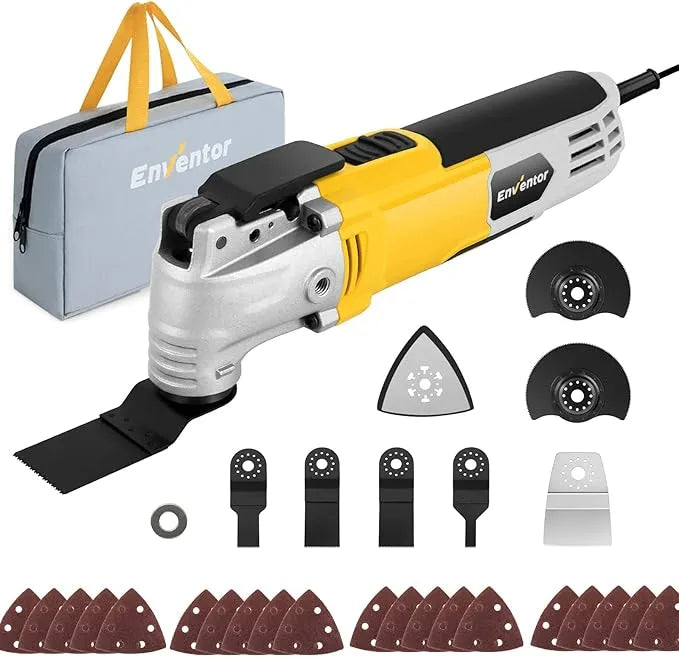 Enventor 300W electric oscillating multi-tool with its 28-piece accessory kit displayed on a workbench for DIY projects.