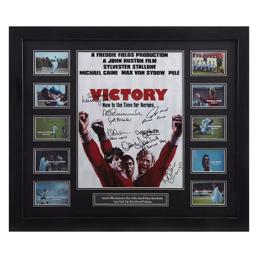 A 16x12 inch Escape to Victory film poster featuring seven authentic hand-signed autographs, displayed in a professional black gallery frame.