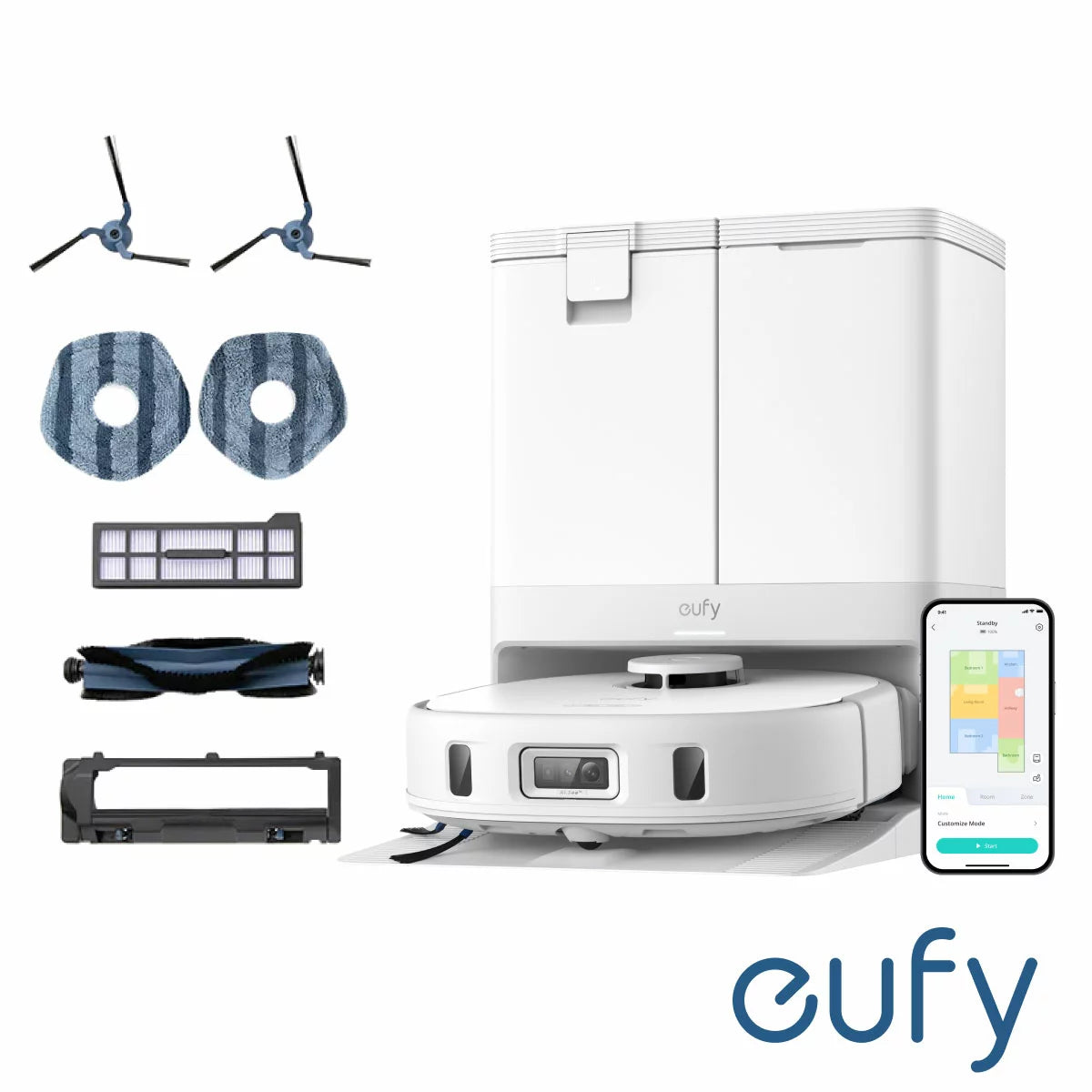 Top-down angle of the white Eufy X10 Pro Omni Robot Vacuum docking into its compact all-in-one cleaning station on a light hardwood floor.