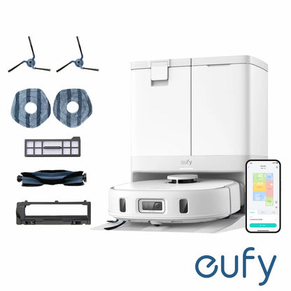 Top-down angle of the white Eufy X10 Pro Omni Robot Vacuum docking into its compact all-in-one cleaning station on a light hardwood floor.