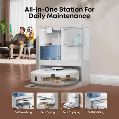 Eufy X10 Pro Omni Robot Vacuum White T2351221 cleaning floor with self-emptying and smart navigation system