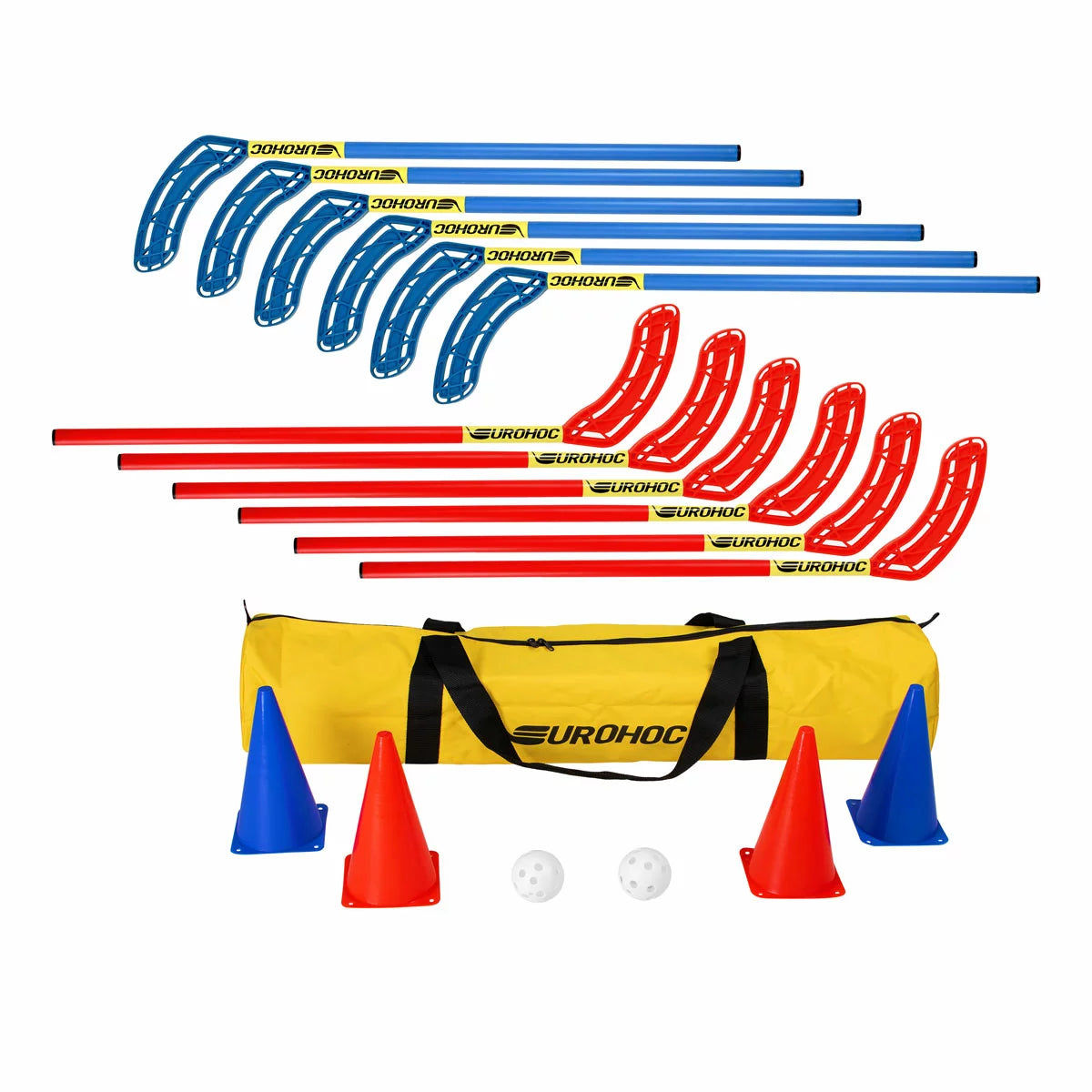 A full Eurohoc Floorball hockey set featuring red and blue sticks with perforated white balls on an indoor gym floor.
