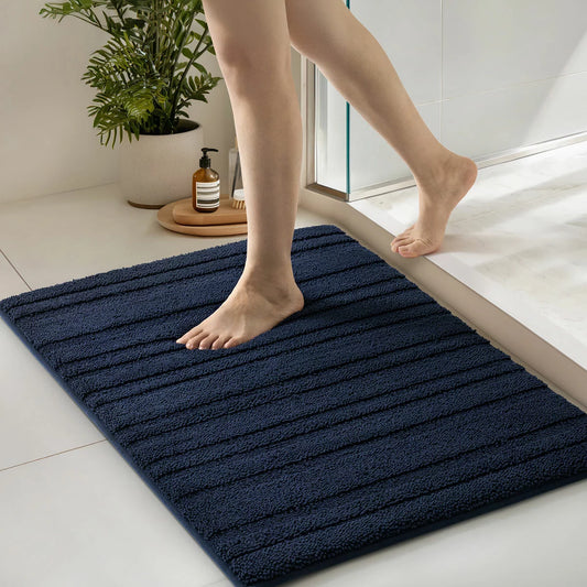Evergrace Home Chenille Memory Foam Bath Mat in blue with soft absorbent chenille surface and non-slip backing 61 x 91 cm