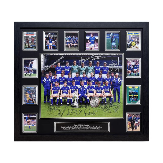 A 16x12 inch commemorative Everton 1987 championship photograph, professionally framed in a minimalist black border with 12 distinct signatures visible.