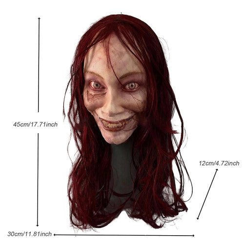 Front view of the Evil Dead Rise female ghost latex full face horror mask featuring a scary wide grin and pale possessed skin texture.