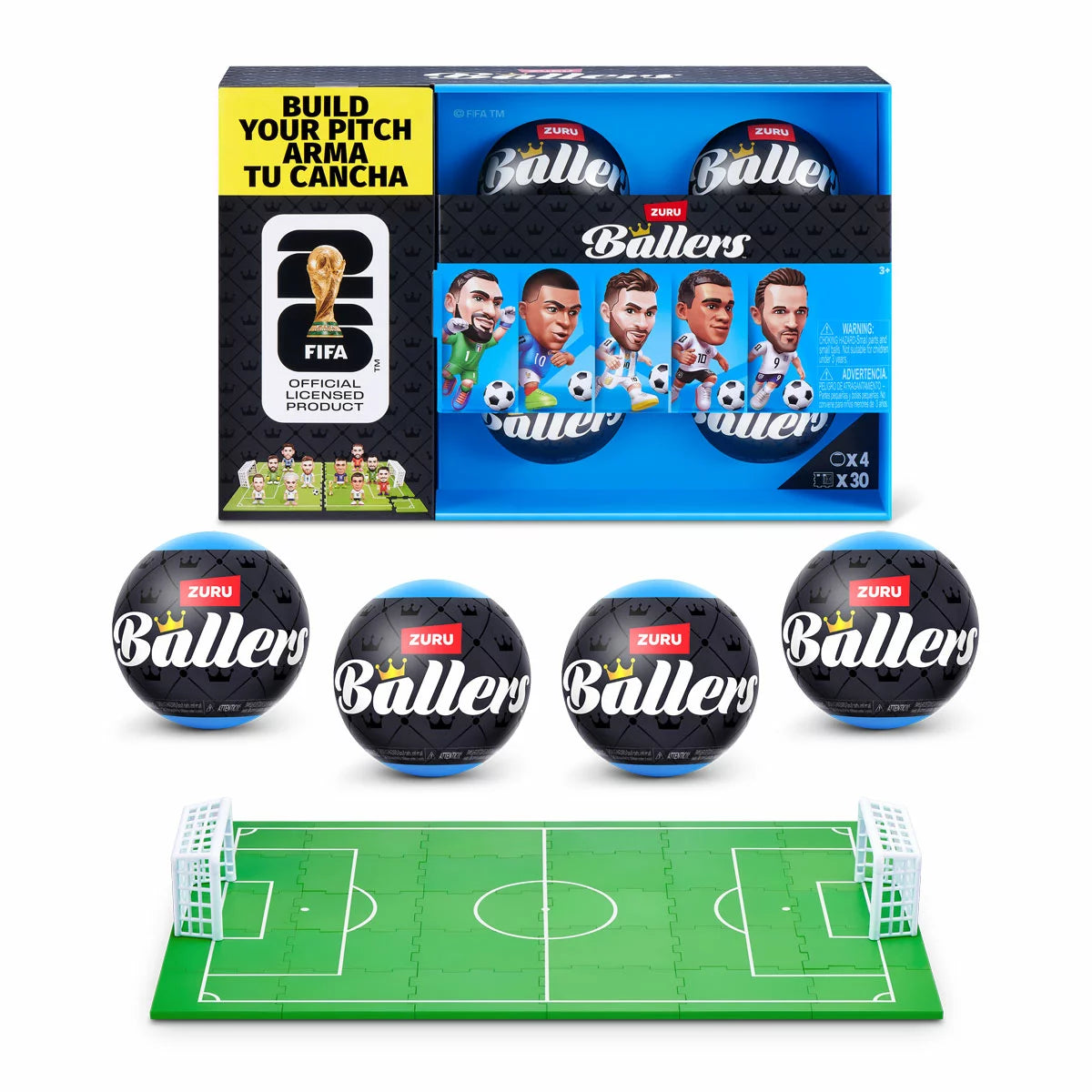 Front view of the ZURU FIFA World Cup 2026 Ballers 4-pack window box packaging revealing four mini football player figures in official national kits with mini footballs.