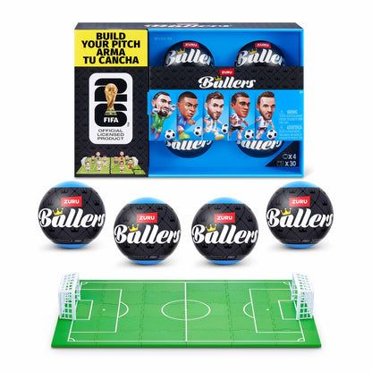 Front view of the ZURU FIFA World Cup 2026 Ballers 4-pack window box packaging revealing four mini football player figures in official national kits with mini footballs.
