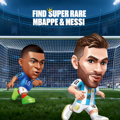 Front view of the ZURU FIFA World Cup 2026 Ballers 4-pack window box packaging revealing four mini football player figures in official national kits with mini footballs.