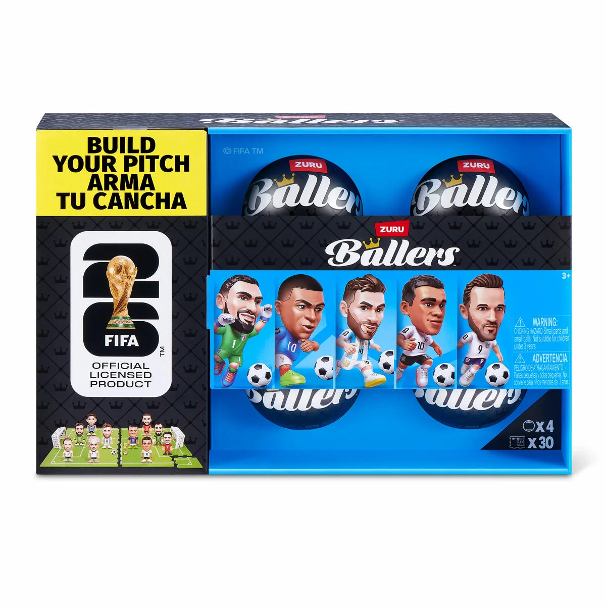 Front view of the ZURU FIFA World Cup 2026 Ballers 4-pack window box packaging revealing four mini football player figures in official national kits with mini footballs.