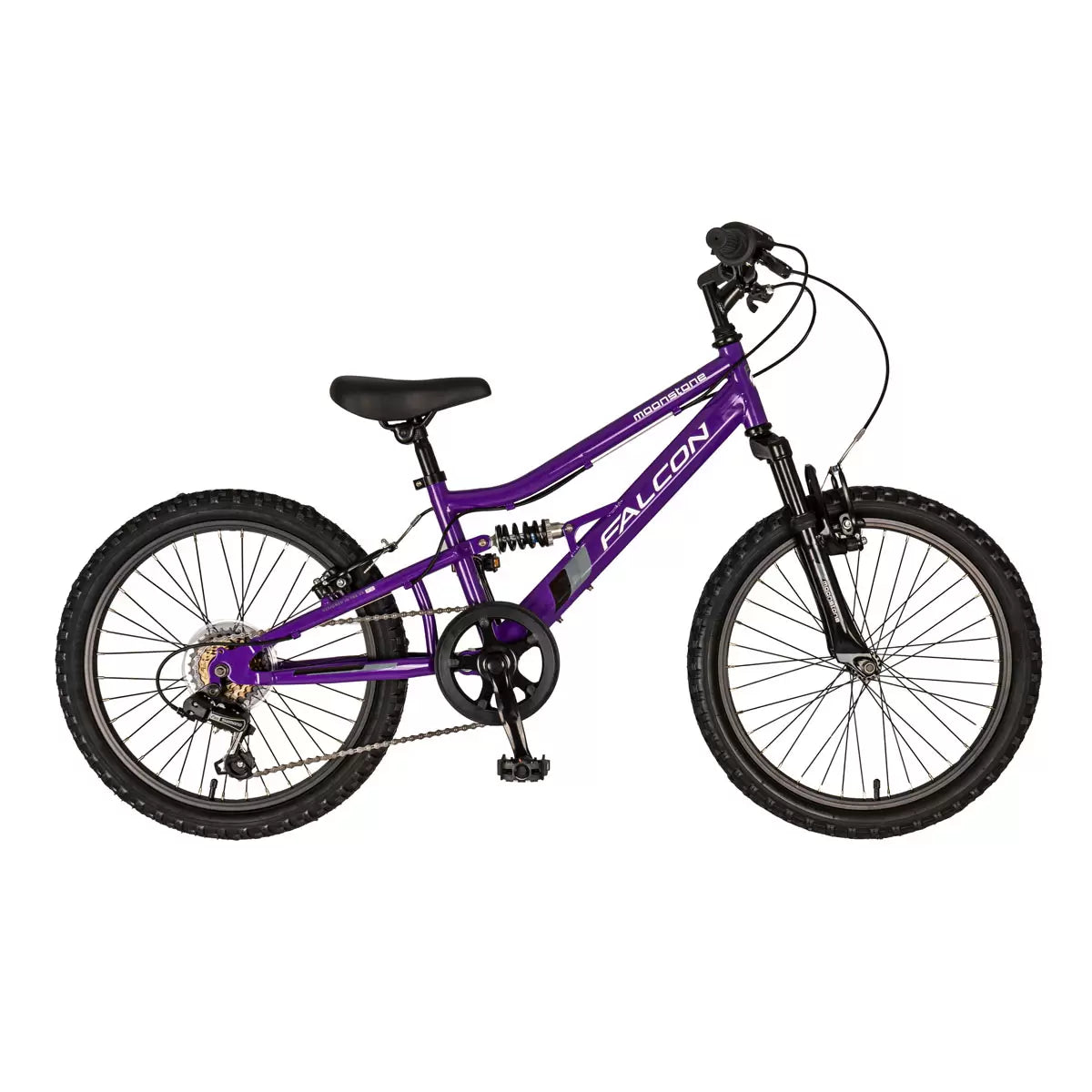 A vibrant purple Falcon Moonstone junior dual-suspension mountain bike with 20-inch knobbly black tyres, a rear spring shock absorber, and prominent white decals, parked on a gravel trail.