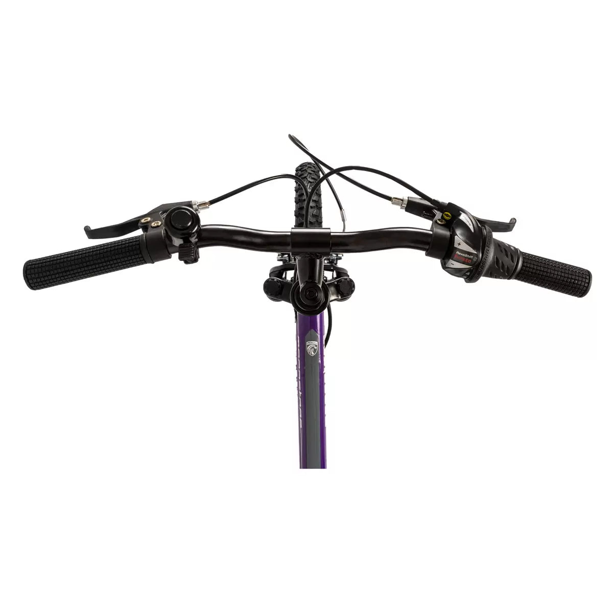 A vibrant purple Falcon Moonstone junior dual-suspension mountain bike with 20-inch knobbly black tyres, a rear spring shock absorber, and prominent white decals, parked on a gravel trail.