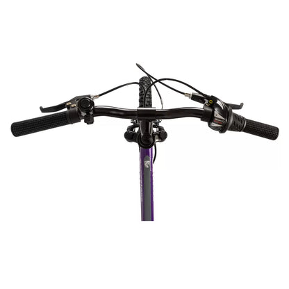 A vibrant purple Falcon Moonstone junior dual-suspension mountain bike with 20-inch knobbly black tyres, a rear spring shock absorber, and prominent white decals, parked on a gravel trail.