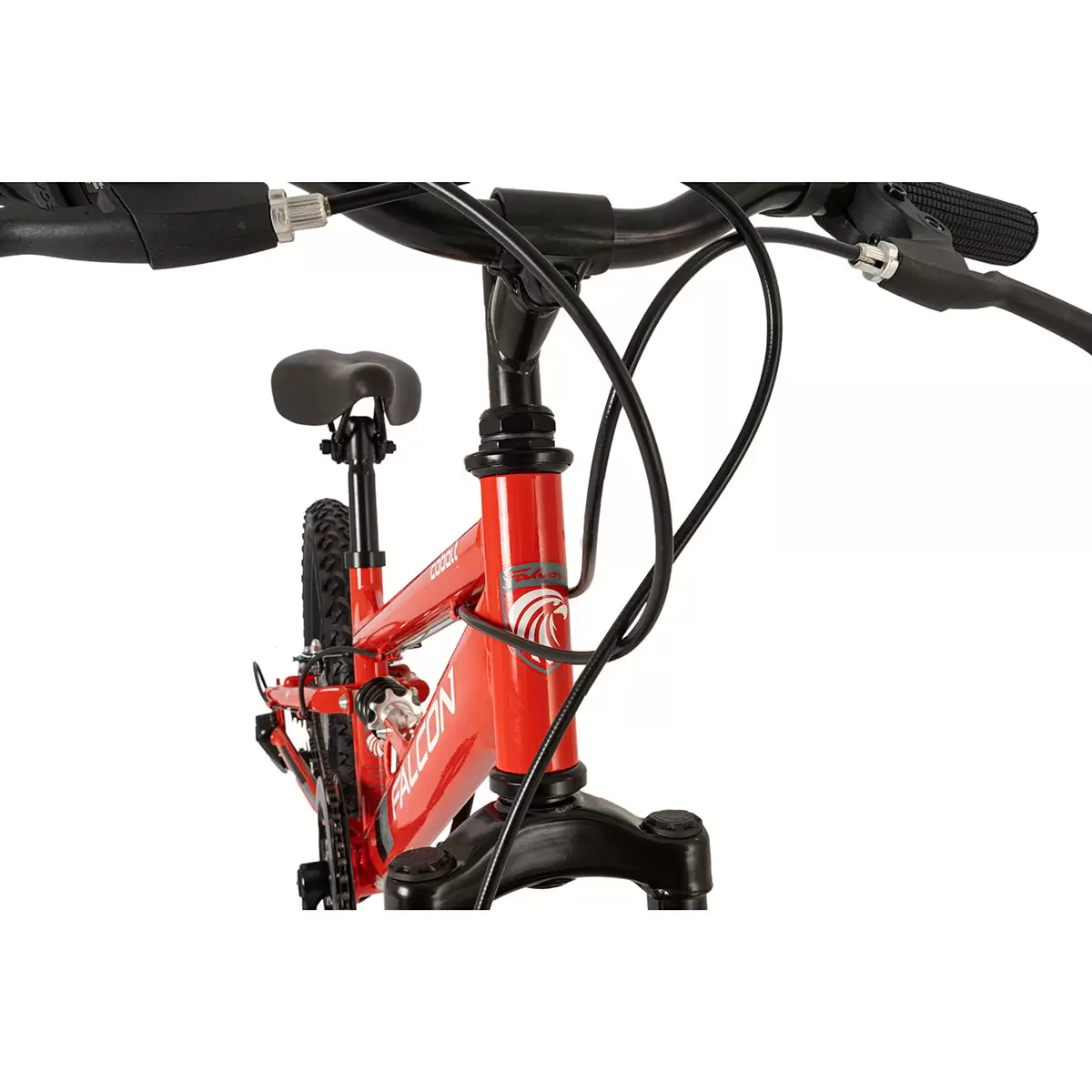 Falcon Cobalt 20 inch junior dual suspension mountain bike in action on a dirt trail.