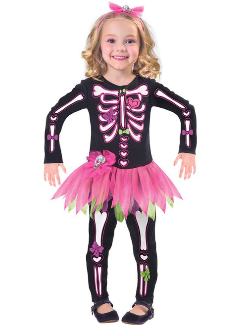 Front view of the Fancy Bones Skeleton Costume featuring a black jumpsuit with pink outlined bone graphics and attached layered pink tutu skirt.