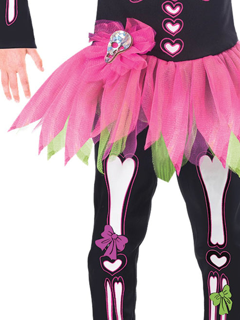 Front view of the Fancy Bones Skeleton Costume featuring a black jumpsuit with pink outlined bone graphics and attached layered pink tutu skirt.