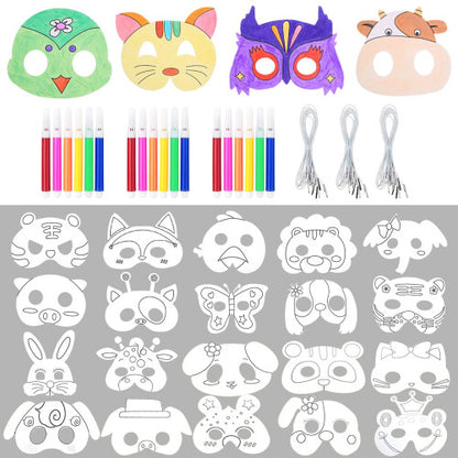 A set of blank white cardboard animal masks alongside colorful watercolor pens and black elastic cords arranged on a light craft table.