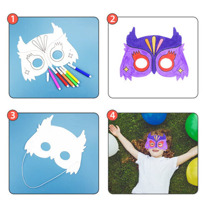 A set of blank white cardboard animal masks alongside colorful watercolor pens and black elastic cords arranged on a light craft table.