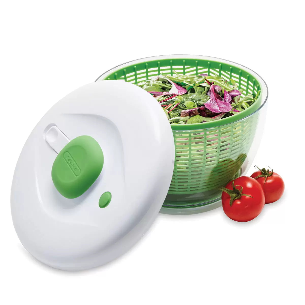 Farberware Pro Pump Salad Spinner showing the one-handed pump mechanism and 6.3L bowl.