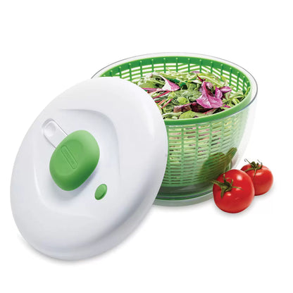 Farberware Pro Pump Salad Spinner showing the one-handed pump mechanism and 6.3L bowl.