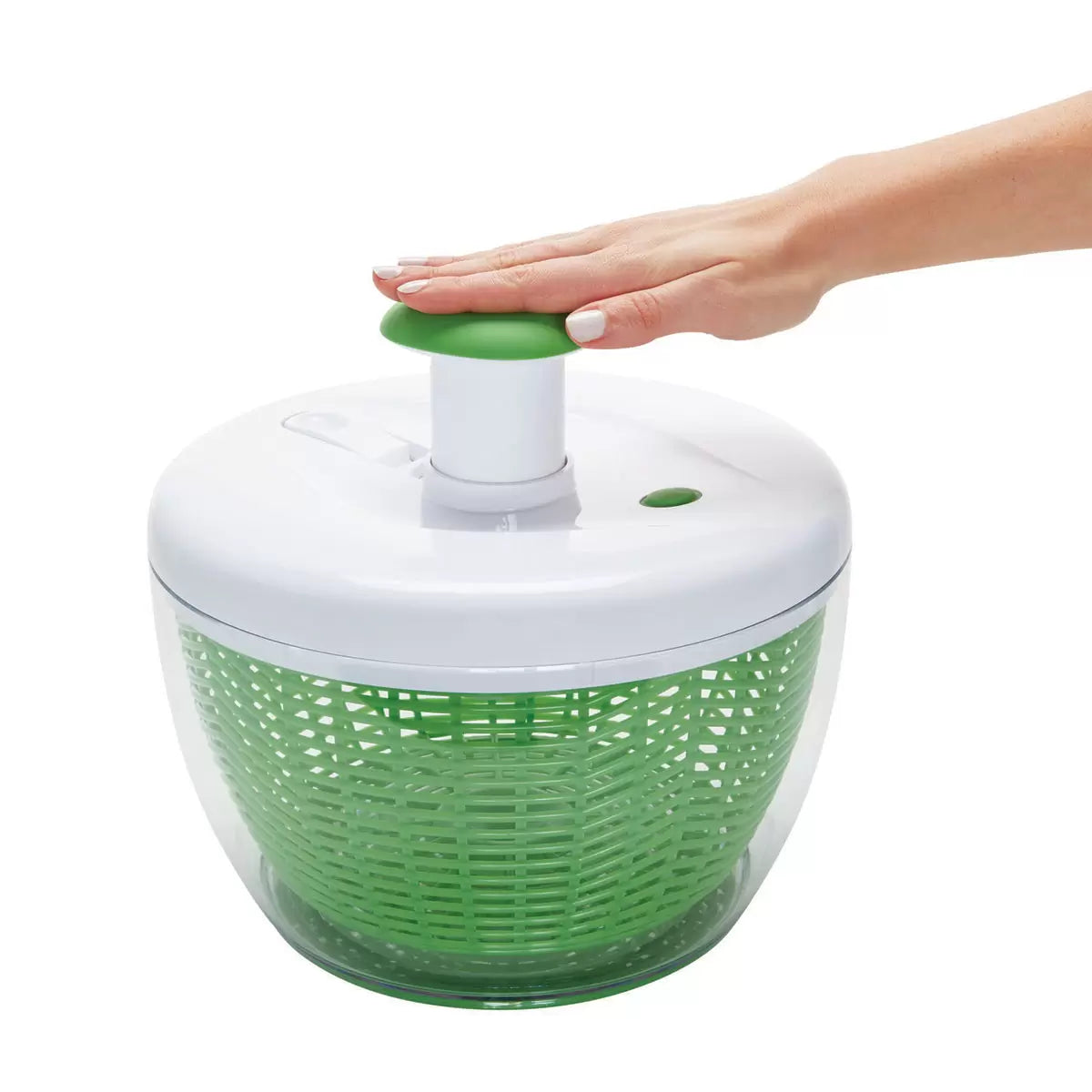 Farberware Pro Pump Salad Spinner showing the one-handed pump mechanism and 6.3L bowl.