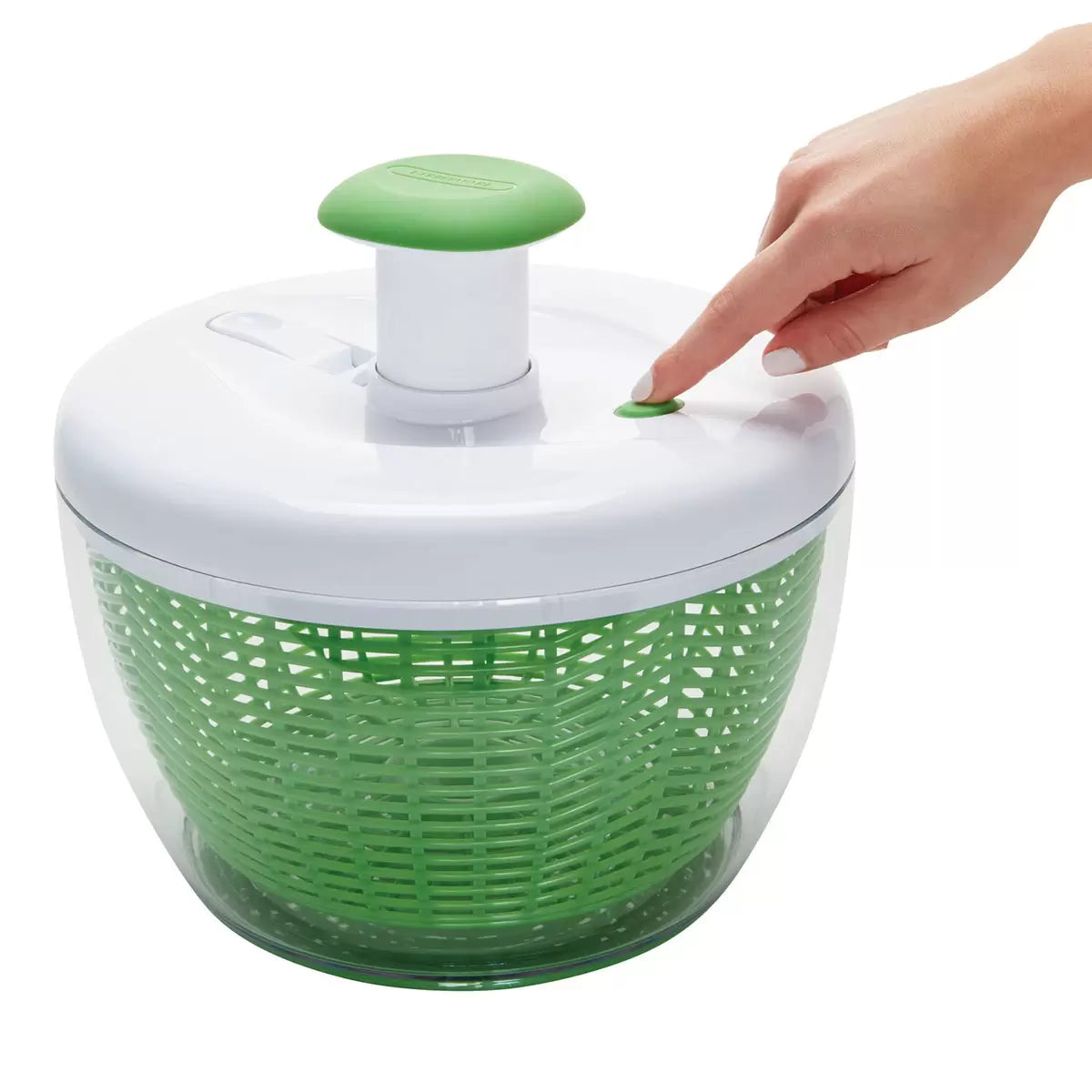 Farberware Pro Pump Salad Spinner showing the one-handed pump mechanism and 6.3L bowl.