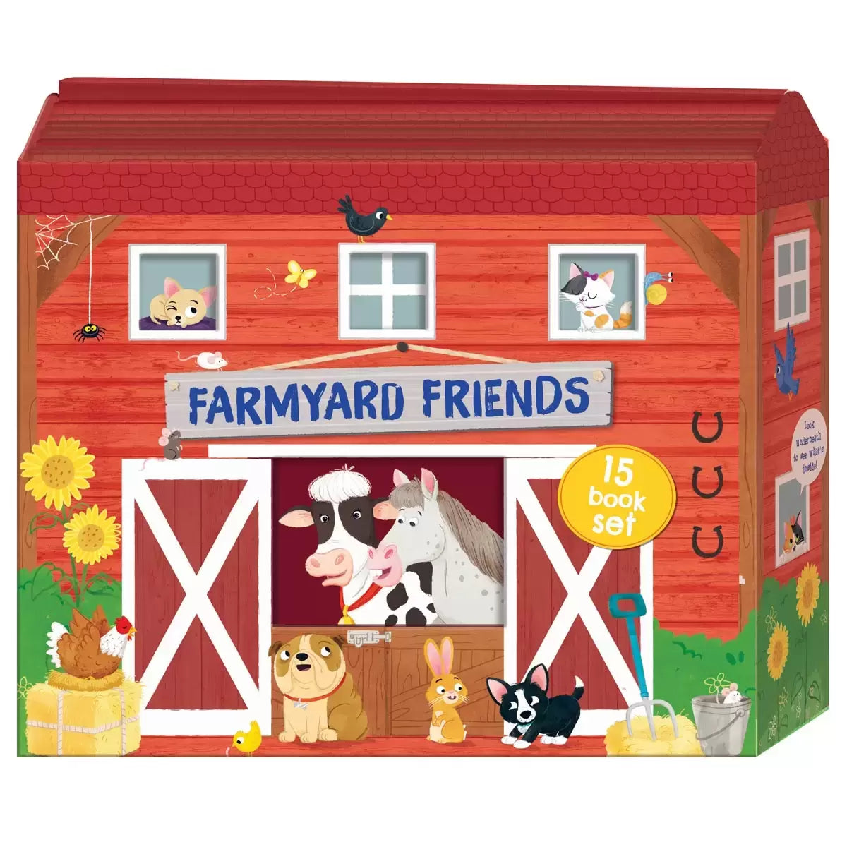 Front angle view of the Farmyard House Shaped 15 Book Collection featuring colorful paperback picture books stacked inside a house-shaped cardboard slipcase on a plain backdrop.