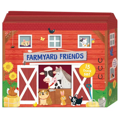 Front angle view of the Farmyard House Shaped 15 Book Collection featuring colorful paperback picture books stacked inside a house-shaped cardboard slipcase on a plain backdrop.