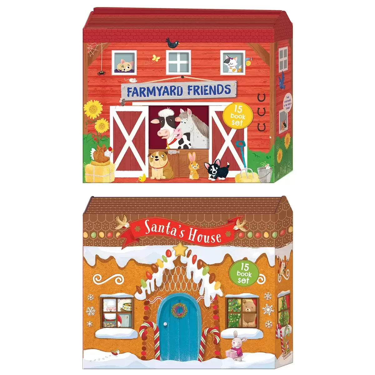Front angle view of the Farmyard House Shaped 15 Book Collection featuring colorful paperback picture books stacked inside a house-shaped cardboard slipcase on a plain backdrop.