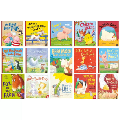 Front angle view of the Farmyard House Shaped 15 Book Collection featuring colorful paperback picture books stacked inside a house-shaped cardboard slipcase on a plain backdrop.