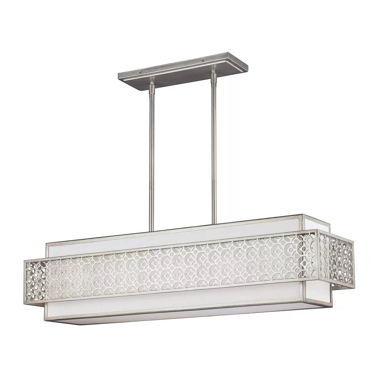 A horizontal five-light Feiss Kenney island chandelier with a sunrise silver geometric steel frame overlaying a white linen shade, suspended above a modern dining table.