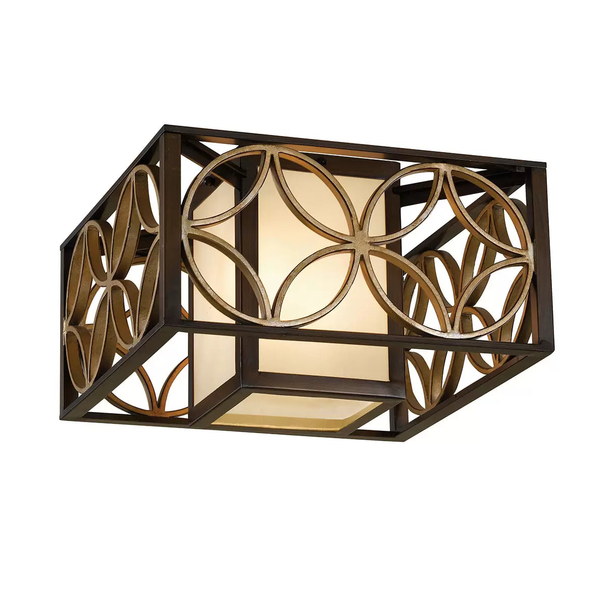 Low-profile Feiss Remy flush-mount ceiling light featuring a dark heritage bronze iron frame, a glittering Parisienne gold metal ring, and a warm bronze organza shade.
