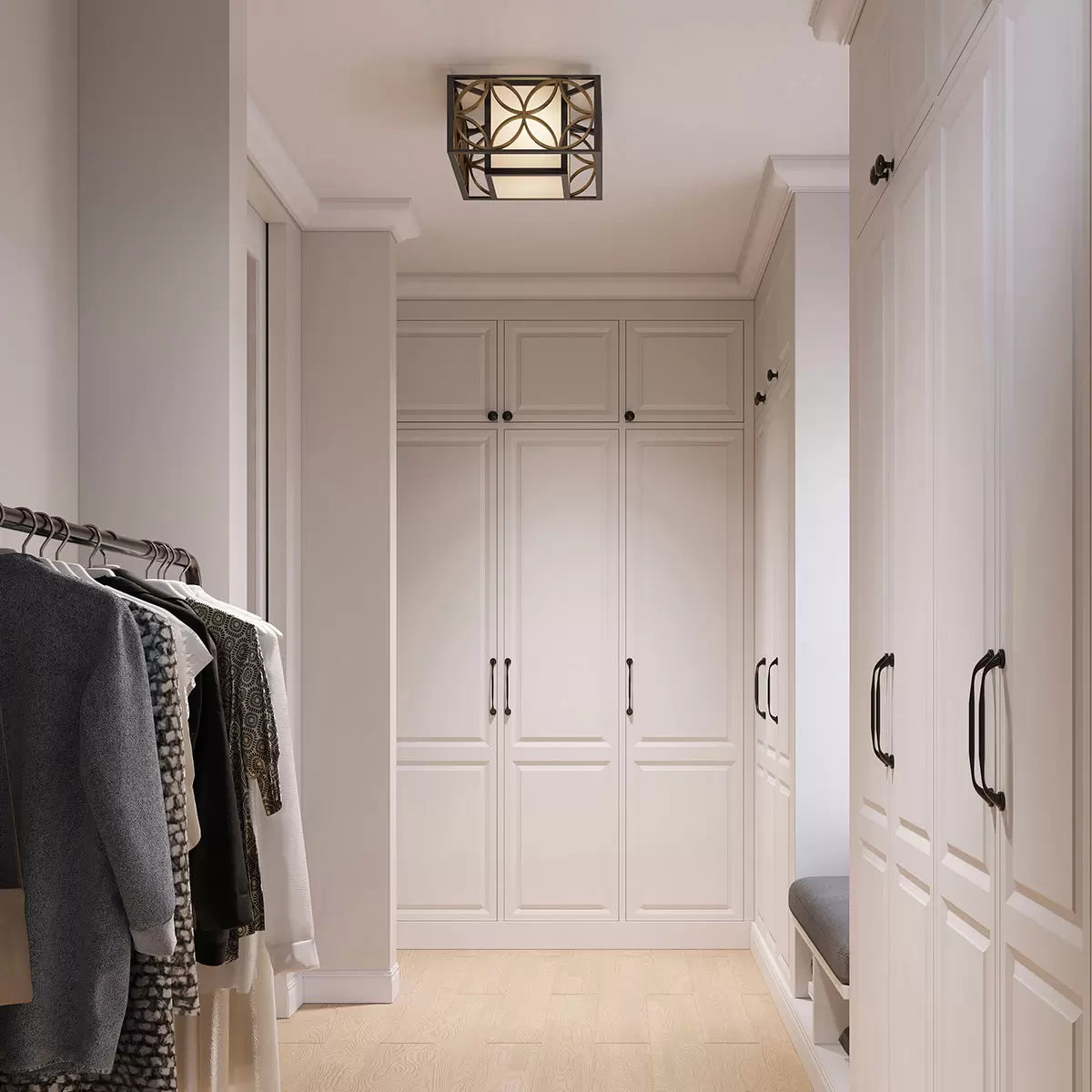 Low-profile Feiss Remy flush-mount ceiling light featuring a dark heritage bronze iron frame, a glittering Parisienne gold metal ring, and a warm bronze organza shade.