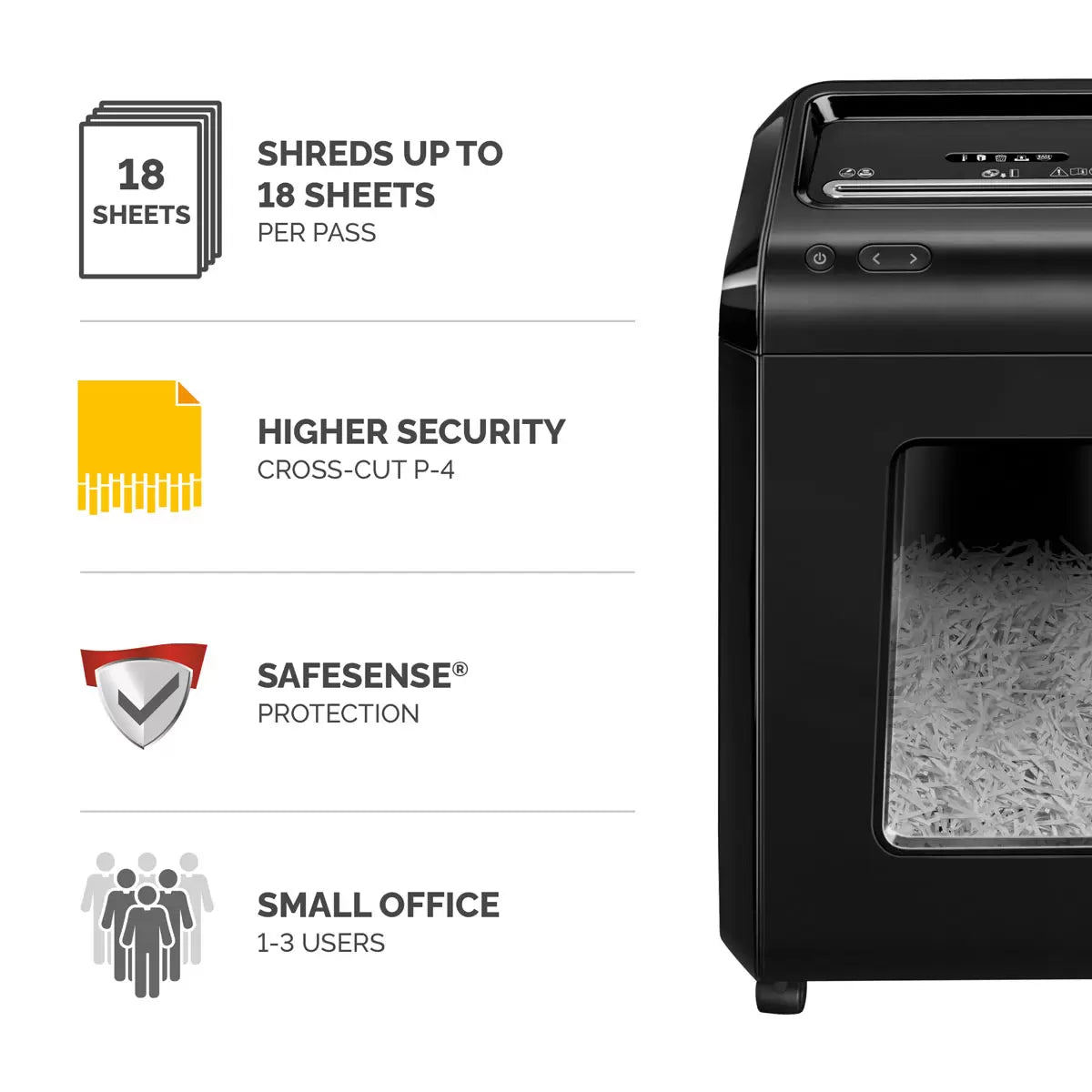 Front perspective of the black and silver Fellowes Powershred 450M micro-cut shredder, highlighting the pull-out waste basket and top-loading media slots in a neat, modern home office.