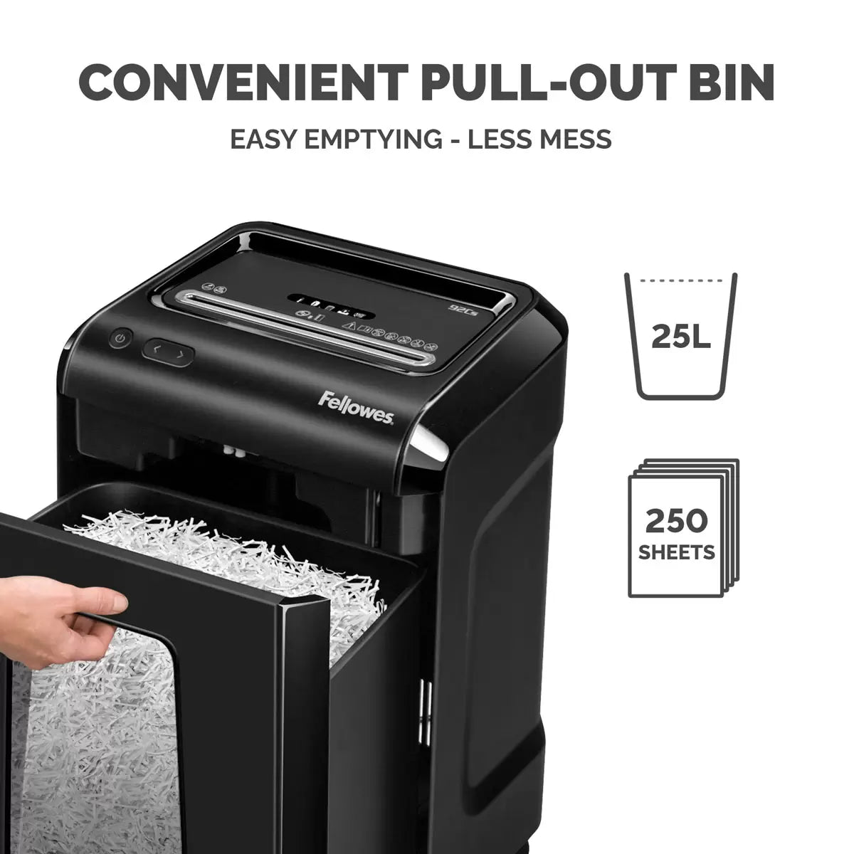 Side angle of the black Fellowes 92Cs paper shredder featuring a pull-out bin, sleek digital control panel, and premium matte finish in a modern home office setting.