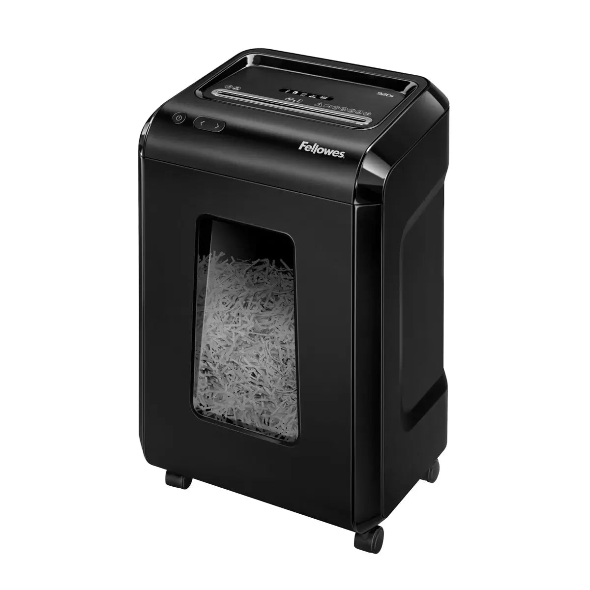 Side angle of the black Fellowes 92Cs paper shredder featuring a pull-out bin, sleek digital control panel, and premium matte finish in a modern home office setting.