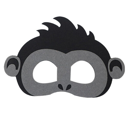 Ten grey felt gorilla masks arranged in a neat row on a rustic wooden table, showcasing soft fabric textures and cutout eye details under bright indoor lighting.