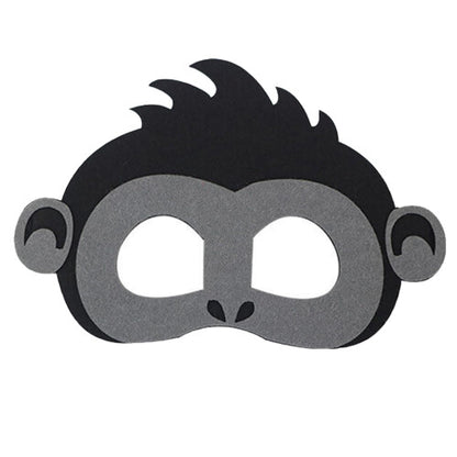 Ten grey felt gorilla masks arranged in a neat row on a rustic wooden table, showcasing soft fabric textures and cutout eye details under bright indoor lighting.