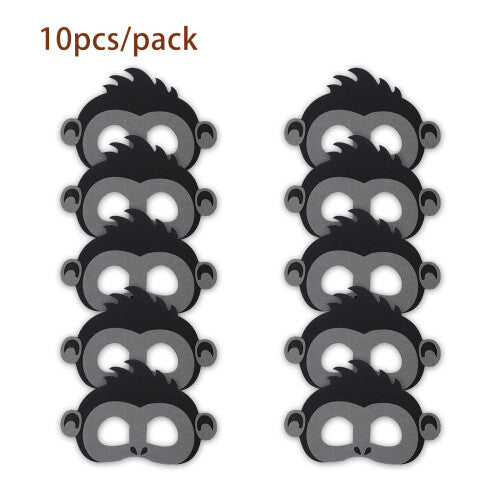 Ten grey felt gorilla masks arranged in a neat row on a rustic wooden table, showcasing soft fabric textures and cutout eye details under bright indoor lighting.