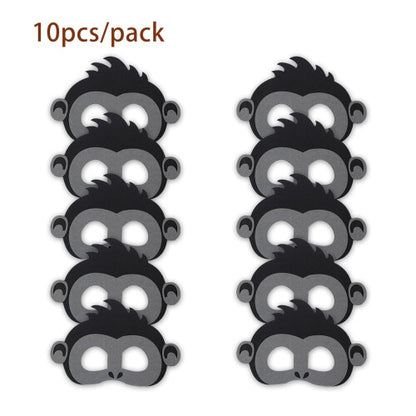 Ten grey felt gorilla masks arranged in a neat row on a rustic wooden table, showcasing soft fabric textures and cutout eye details under bright indoor lighting.