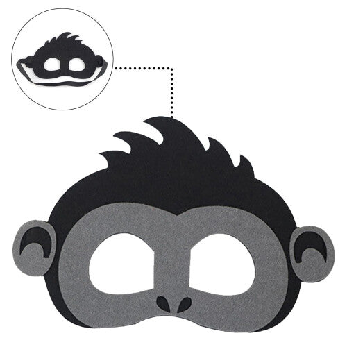 Ten grey felt gorilla masks arranged in a neat row on a rustic wooden table, showcasing soft fabric textures and cutout eye details under bright indoor lighting.