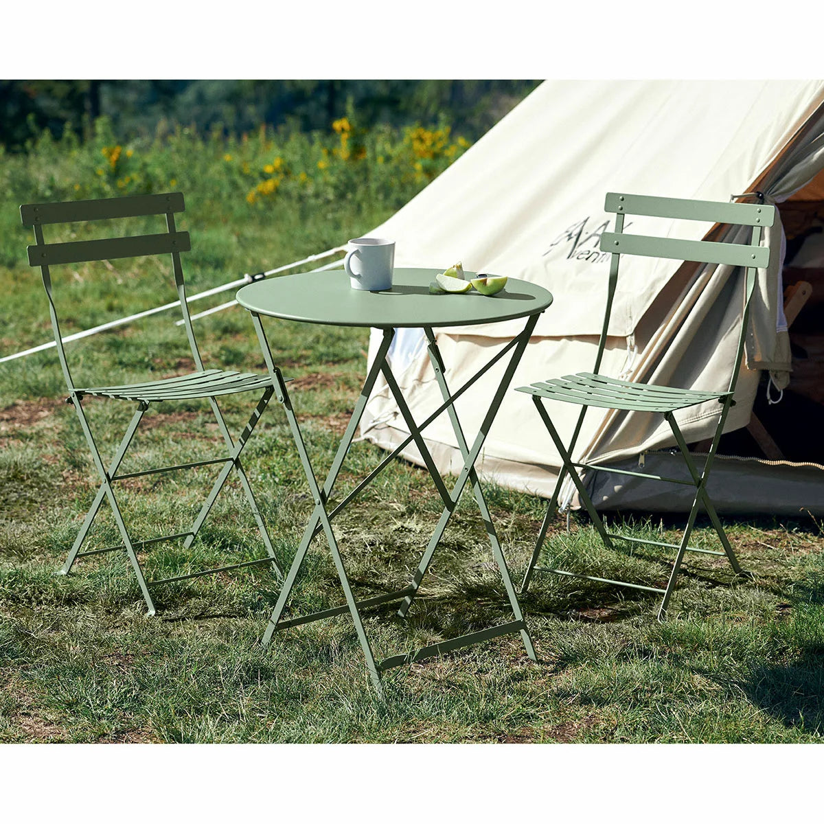 Authentic 3-piece Fermob Bistro set in green, styled on a paved patio with vibrant garden plants.