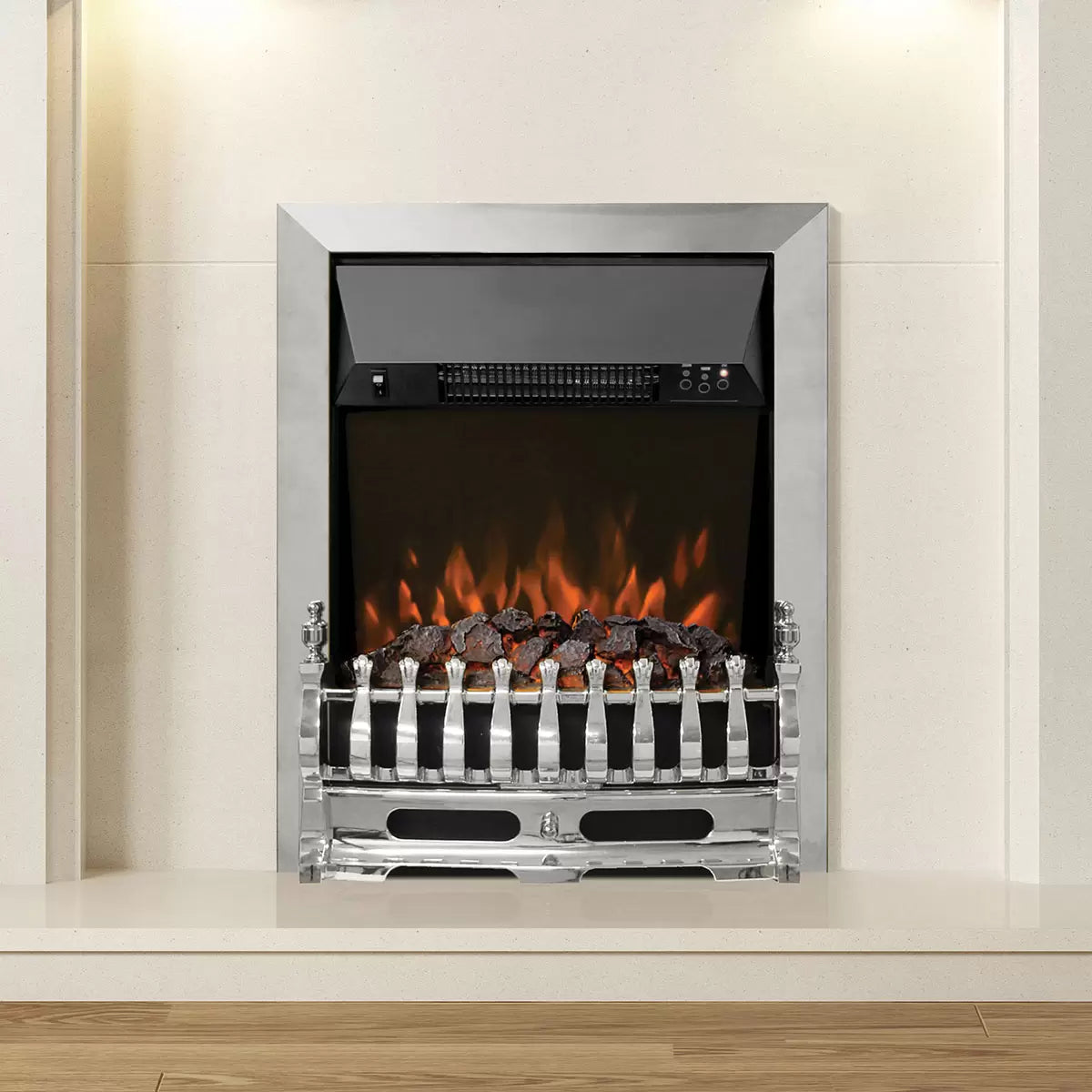 Flare Bayden inset electric fire in chrome with realistic flame effect and 2kW heating