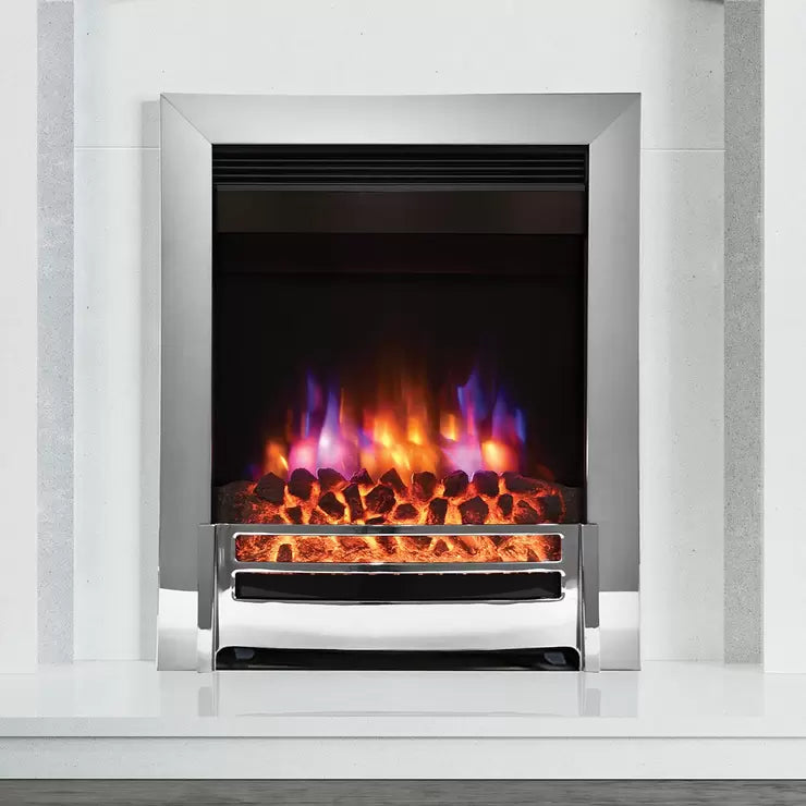 Flare Ember Inset Electric Fire in Chrome 2kW with realistic flame effect and modern chrome finish for home heating
