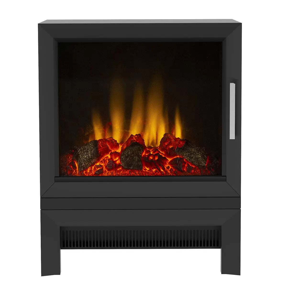 A matte black steel Flare Qube freestanding electric stove with a glowing orange log fire bed, positioned in a modern minimalist room on a wooden floor.
