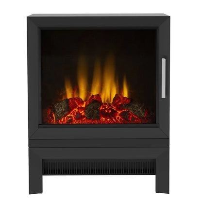A matte black steel Flare Qube freestanding electric stove with a glowing orange log fire bed, positioned in a modern minimalist room on a wooden floor.