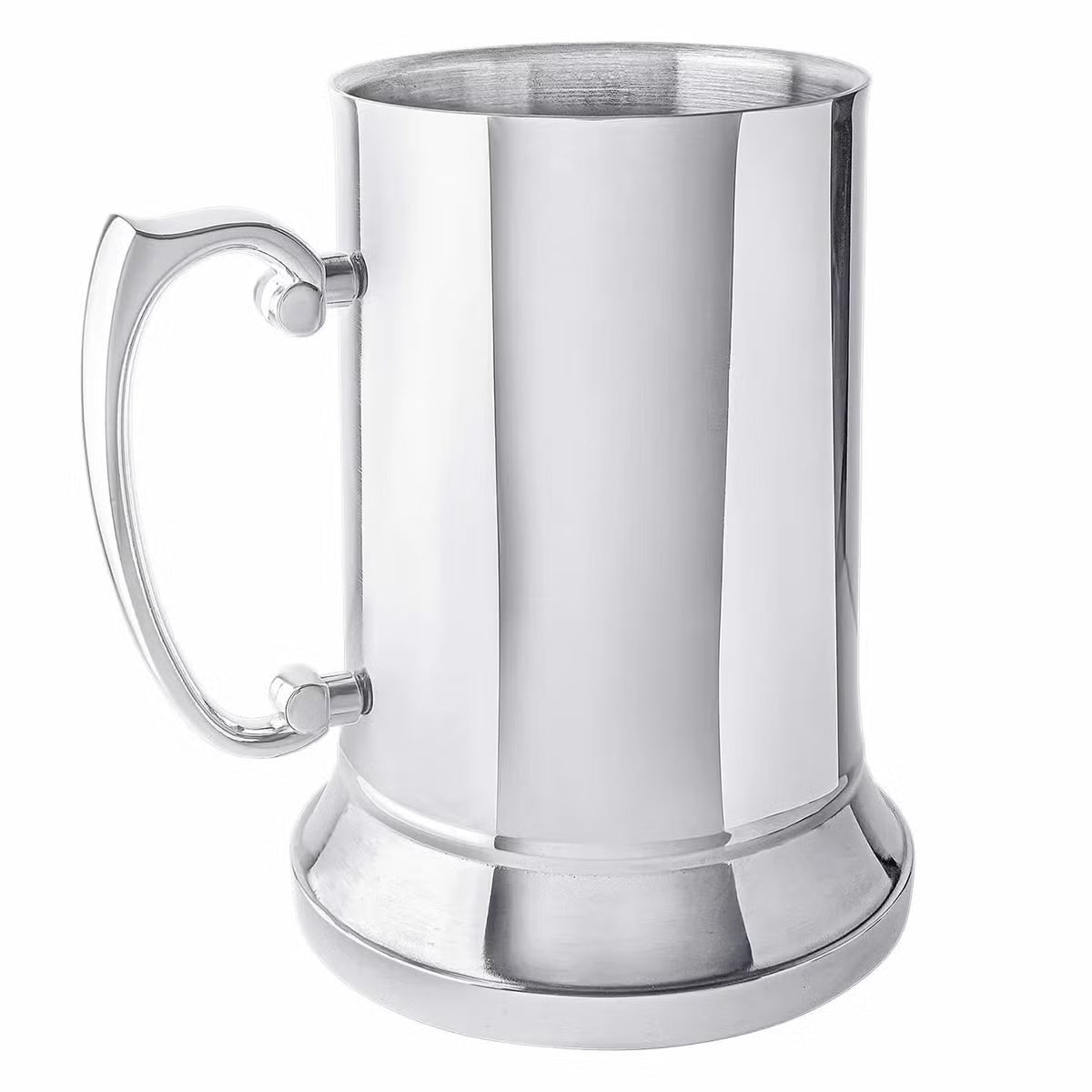 Front angle view of a silver Fred Bennett 580ml stainless steel tankard featuring a black leather wrap and a sturdy zinc alloy handle on a wooden bar desk.