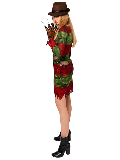 Front view of the adult Freddy Kruger dress featuring distressed red and olive green stripes worn by a model against a clean studio background.